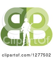 Clipart Of A White Silhouetted Armed Soldier Over A Green Double B Design Royalty Free Vector Illustration by Lal Perera