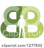 Poster, Art Print Of White Silhouetted Armed Soldier Over A Green Double B Design