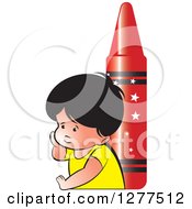 Poster, Art Print Of Thinking School Boy And A Giant Red Crayon