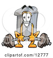Garbage Can Mascot Cartoon Character Lifting A Heavy Barbell