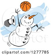 Poster, Art Print Of Winter Snowman Dropping His Top Hat While Playing Basketball Over Blue Streaks