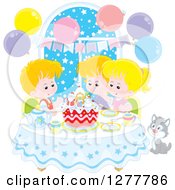 Poster, Art Print Of Happy White Children And A Cat Celebrating A December Or Christmas Birthday