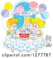 Poster, Art Print Of Happy Caucasian Children And A Cat Celebrating A December Or Christmas Birthday