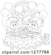 Poster, Art Print Of Happy Black And White Children And A Cat Celebrating A December Or Christmas Birthday