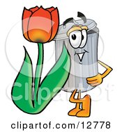 Garbage Can Mascot Cartoon Character With A Red Tulip Flower In The Spring