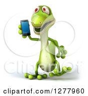 Clipart Of A 3d Green Gecko Walking And Talking On A Smart Phone Royalty Free Illustration