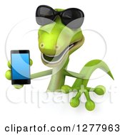 Clipart Of A 3d Green Gecko Wearing Sunglasses And Holding A Smart Phone Over A Sign Royalty Free Illustration