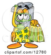 Garbage Can Mascot Cartoon Character In Green And Yellow Snorkel Gear