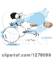 Poster, Art Print Of Winter Snowman Dropping His Top Hat While Throwing A Football Over Blue Streaks