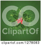 Clipart Of Christmas Holly And Berries Over Magical Green Rays Royalty Free Vector Illustration by Pushkin