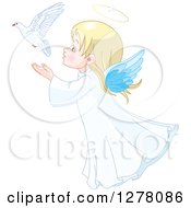 Poster, Art Print Of Cute Blond White Angel Girl Releasing A Dove