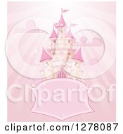 Poster, Art Print Of Pink Fairy Tale Castle In The Sky With A Blank Shield Sign Clouds And Rays