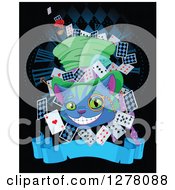 Cheshire Cat Wearing A Hat And Surrounded With Cards Over A Clock And Blank Banner