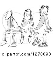 Clipart Of Black And White Hairy Cavemen Carrying An Injured Friend On A Stretcher Royalty Free Vector Illustration