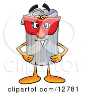 Garbage Can Mascot Cartoon Character Wearing A Red Mask Over His Face