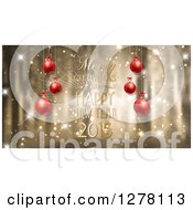 Poster, Art Print Of Merry Christmas And A Happy New Year Greeting With Suspended Ornaments Over Gold