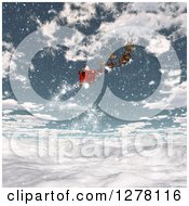 Poster, Art Print Of 3d Christmas Magic Reindeer Flying Santa In A Sleigh Over A Snowy Mountain Landscape