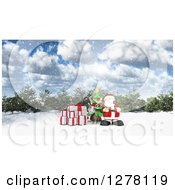 Poster, Art Print Of 3d Christmas Reindeer And Santa With Gifts And A Tree On A Winter Day