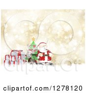 Poster, Art Print Of 3d Christmas Reindeer And Santa With Gifts And A Tree Over Gold