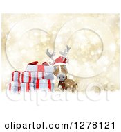 Clipart Of A 3d Christmas Reindeer With Gifts In The Snow Over Gold Bokeh Royalty Free Illustration