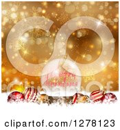 Clipart Of A Merry Christmas Greeting Globe Over Baubles In Snow Against Gold Snowflakes And Bokeh Royalty Free Vector Illustration