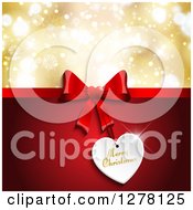 Poster, Art Print Of Merry Christmas Greeting Under A Red Gift Bow And Tag With Gold Bokeh