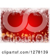 Clipart Of A Christmas Background Of Red And Gold Bokeh Flares And White Snowflakes Royalty Free Illustration
