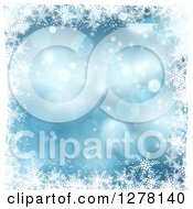 Poster, Art Print Of Blue Christmas Background Of Bokeh With A Border Of White Snowflakes