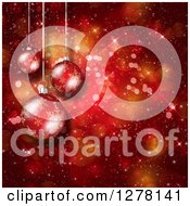 Clipart Of A Christmas Background Of 3d Snowflake Ornaments Suspended Over Red Bokeh Flares Royalty Free Illustration