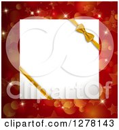 Clipart Of A 3d White Gift Box Top With A Gold Bow Over Red Bokeh Flares And Stars Royalty Free Vector Illustration