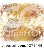 Poster, Art Print Of 3d Silver Wire Christmas Tree Over Gold Stars And Bokeh In A Frame Of Snowflakes