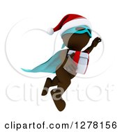 Poster, Art Print Of 3d Brown Super Hero Santa Man Flying With A Christmas Gift