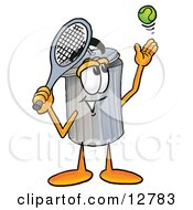 Garbage Can Mascot Cartoon Character Preparing To Hit A Tennis Ball
