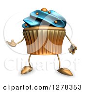 Clipart Of A 3d Acrylic Blue Frosted Cupcake Character Presenting Royalty Free Illustration