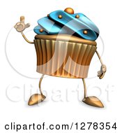 Clipart Of A 3d Acrylic Blue Frosted Cupcake Character Holding Up A Finger Royalty Free Illustration