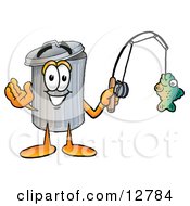 Garbage Can Mascot Cartoon Character Holding A Fish On A Fishing Pole