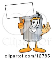 Garbage Can Mascot Cartoon Character Holding A Blank Sign