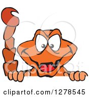 Clipart Of A Grinning Orange Scorpion Peeking Over A Sign Royalty Free Vector Illustration