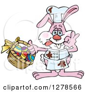 Poster, Art Print Of Pink Easter Bunny Cheff With Chocolate Splatters And A Basket Of Eggs