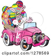 Poster, Art Print Of Pink Easter Bunny Waving And Driving A Pink Pickup Truck Full Of Eggs