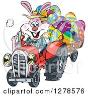 Poster, Art Print Of Pink Easter Bunny Pulling A Cart Of Eggs With A Tractor