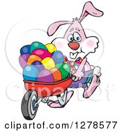 Poster, Art Print Of Pink Easter Bunny Pushing A Wheelbarrow Of Eggs