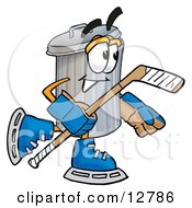 Garbage Can Mascot Cartoon Character Playing Ice Hockey
