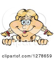 Clipart Of A Happy German Oktoberfest Woman Peeking Over A Sign Royalty Free Vector Illustration by Dennis Holmes Designs