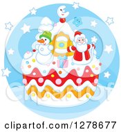 Poster, Art Print Of Festive Christmas Cake With Santa Claus A Snowman Gift And House In A Blue Circle