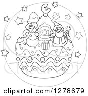 Black And White Festive Christmas Cake With Santa A Snowman Gift And House In A Circle