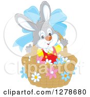 Poster, Art Print Of Happy Easter Bunny Rabbit In A Basket With A Blue Bow And Flowers
