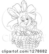 Poster, Art Print Of Black And White Happy Easter Bunny Rabbit In A Basket With A Bow And Flowers