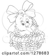 Poster, Art Print Of Black And White Cute Easter Chick In A Basket With A Bow And Flowers