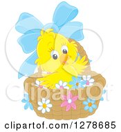 Poster, Art Print Of Cute Easter Chick In A Basket With A Blue Bow And Flowers